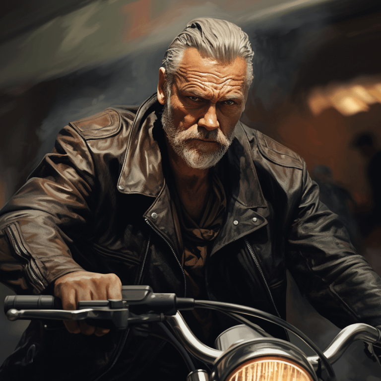 An old good looking man wearing a leather jacket and riding a motorcycle.